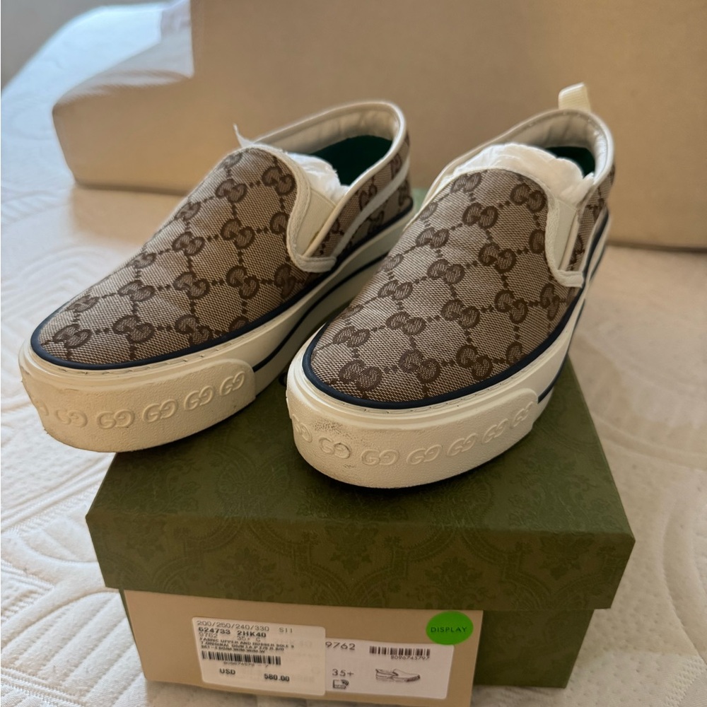 Gucci Beige and Brown Monogram Slip-On Sneakers